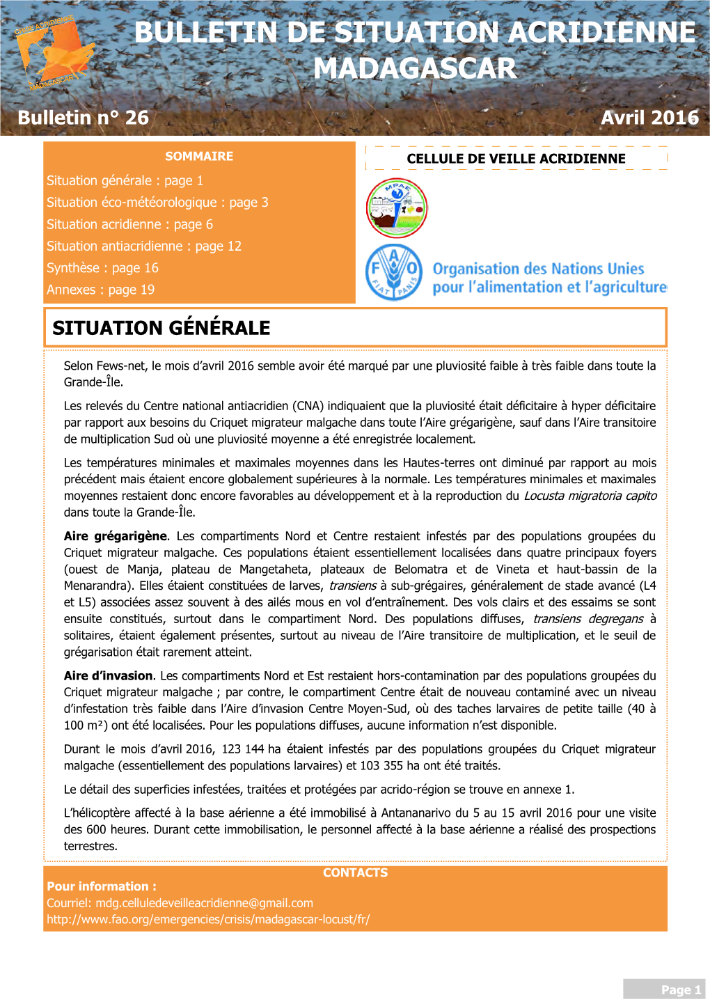 Bulletin De Situation Acridienne Madagascar. N°26. Avril 2016