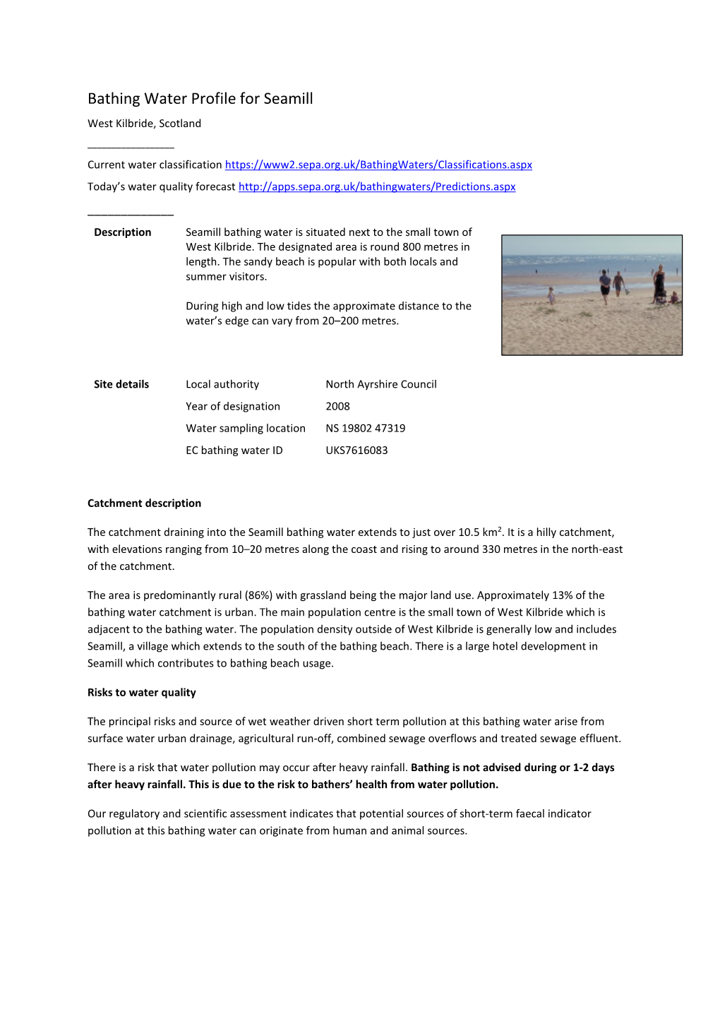 Bathing Water Profile for Seamill