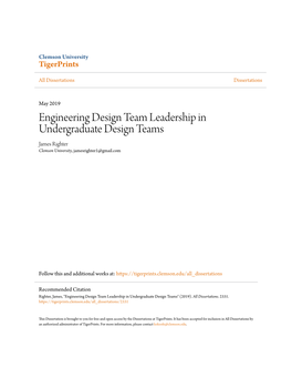 Engineering Design Team Leadership in Undergraduate Design Teams James Righter Clemson University, Jamesrighter1@Gmail.Com