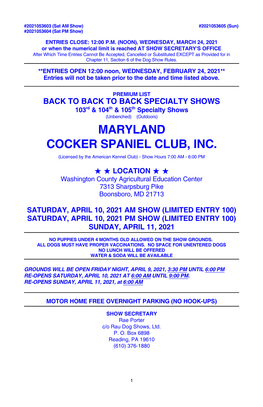 MARYLAND COCKER SPANIEL CLUB, INC. (Licensed by the American Kennel Club) - Show Hours 7:00 AM - 6:00 PM