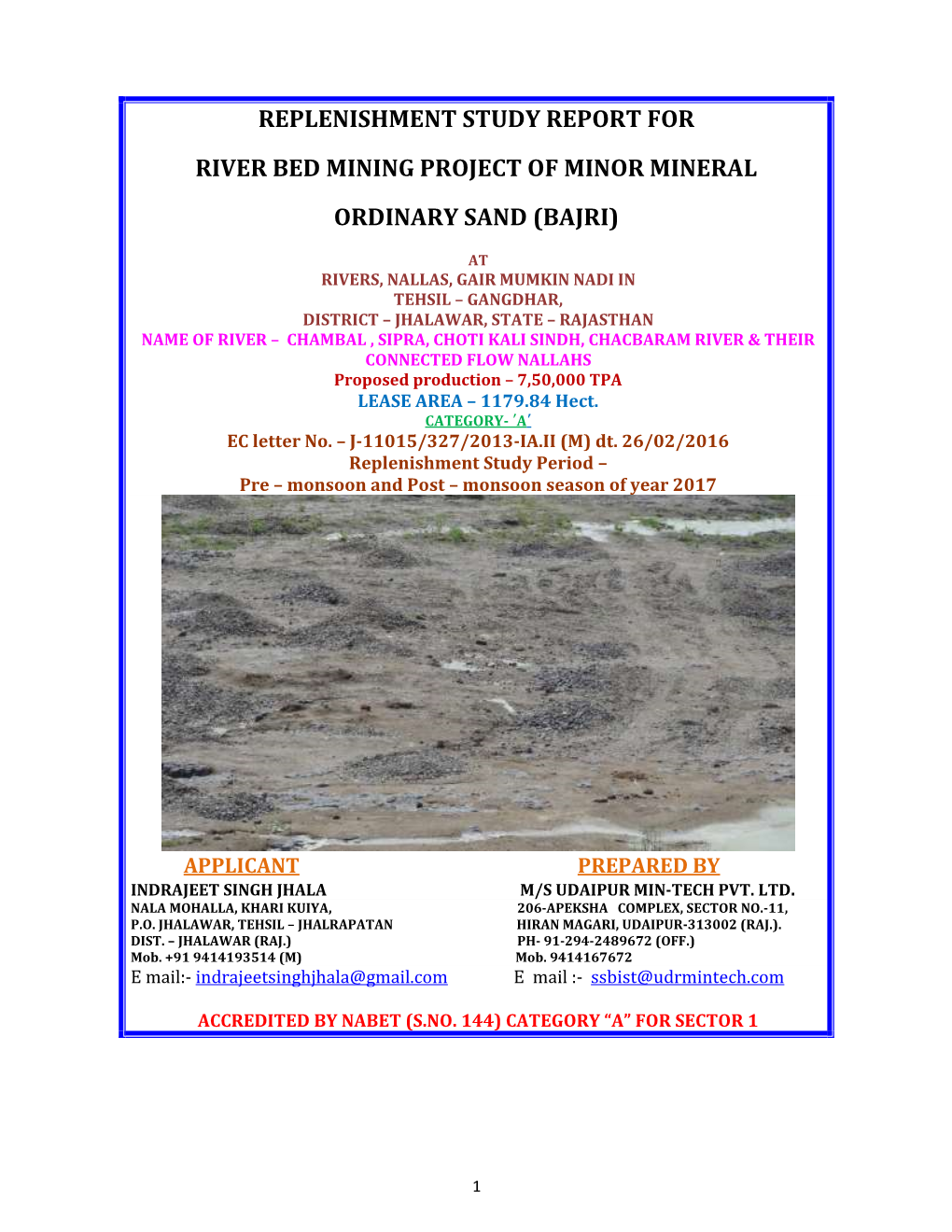 Replenishment Study Report for River Bed Mining Project of Minor Mineral Ordinary Sand (Bajri)