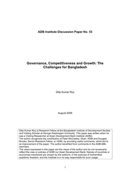 Governance, Competitiveness and Growth: the Challenges for Bangladesh