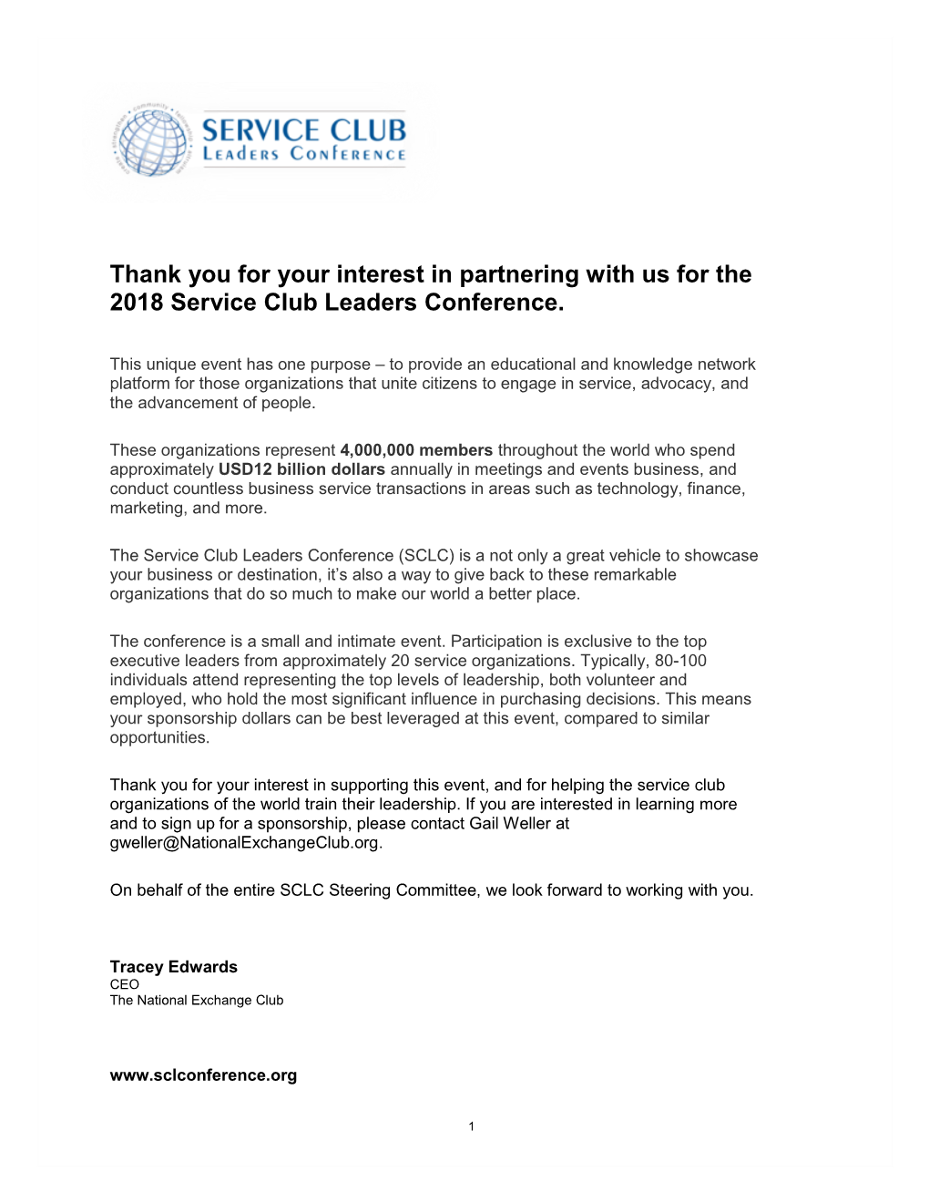 Thank You for Your Interest in Partnering with Us for the 2018 Service Club Leaders Conference