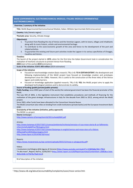 MOSE (EXPERIMENTAL ELECTROMECHANICAL MODULE; ITALIAN: MODULO SPERIMENTALE ELETTROMECCANICO) Overview / Summary of the Initiative