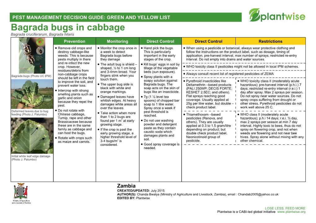 Bagrada Bugs in Cabbage Bagrada Cruciferarum, Bagrada Hilaris Prevention Monitoring Direct Control Direct Control Restrictions