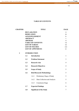 Vii TABLE of CONTENTS CHAPTER TITLE PAGE DECLARATION Ii