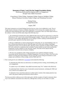 Summary of Years 1 and 2 for the Teagle Foundation Study: Measuring Intellectual Development and Civic Engagement Through Value-Added Assessment