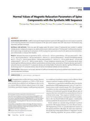 Normal Values of Magnetic Relaxation Parameters of Spine Components with the Synthetic MRI Sequence