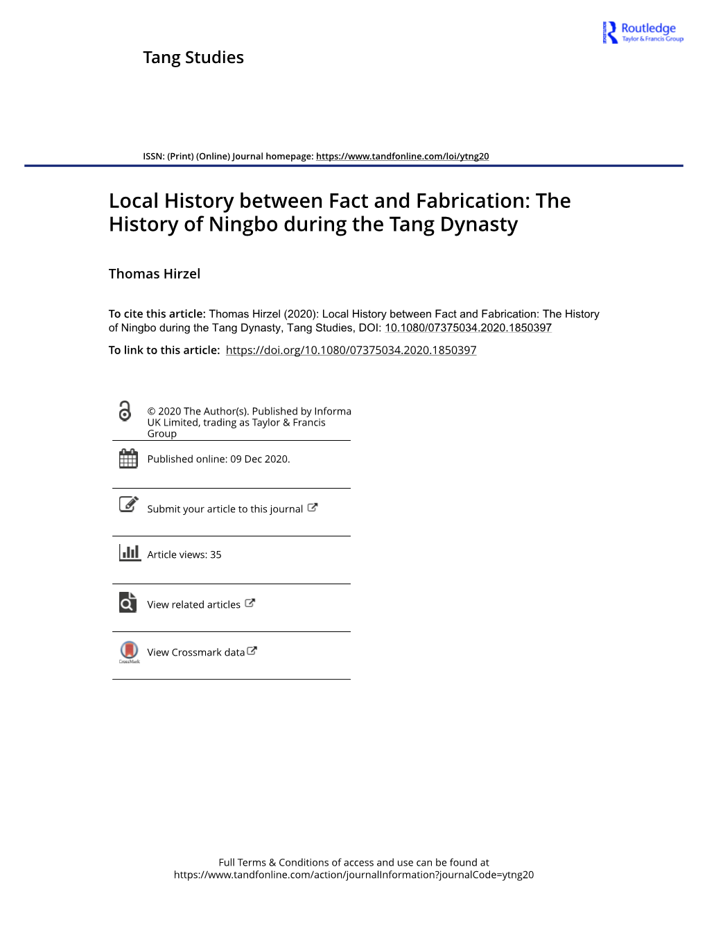 Local History Between Fact and Fabrication: the History of Ningbo During the Tang Dynasty