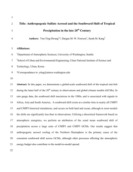 Title: Anthropogenic Sulfate Aerosol and the Southward Shift of Tropical