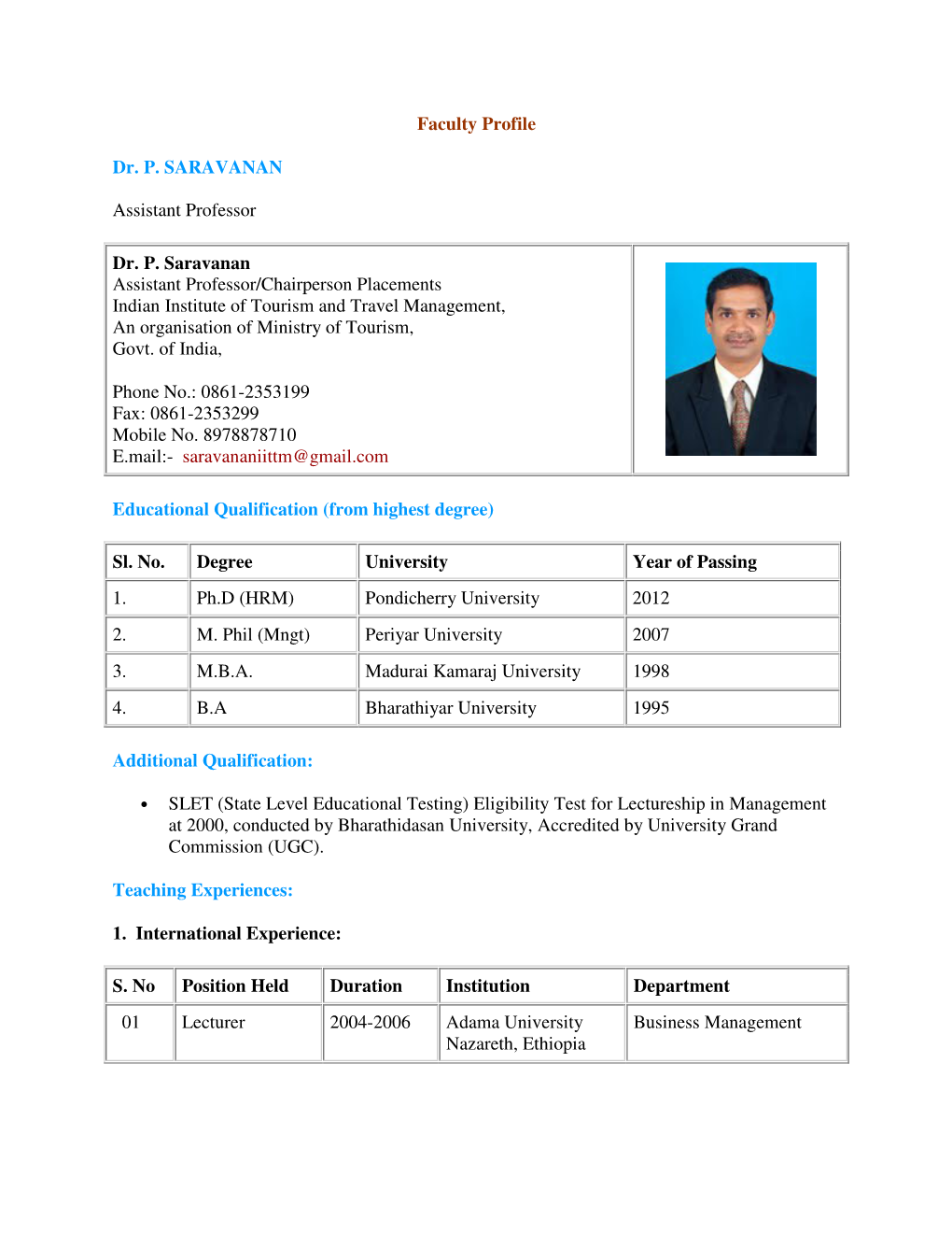 Faculty Profile Dr. P. SARAVANAN Assistant Professor Dr. P