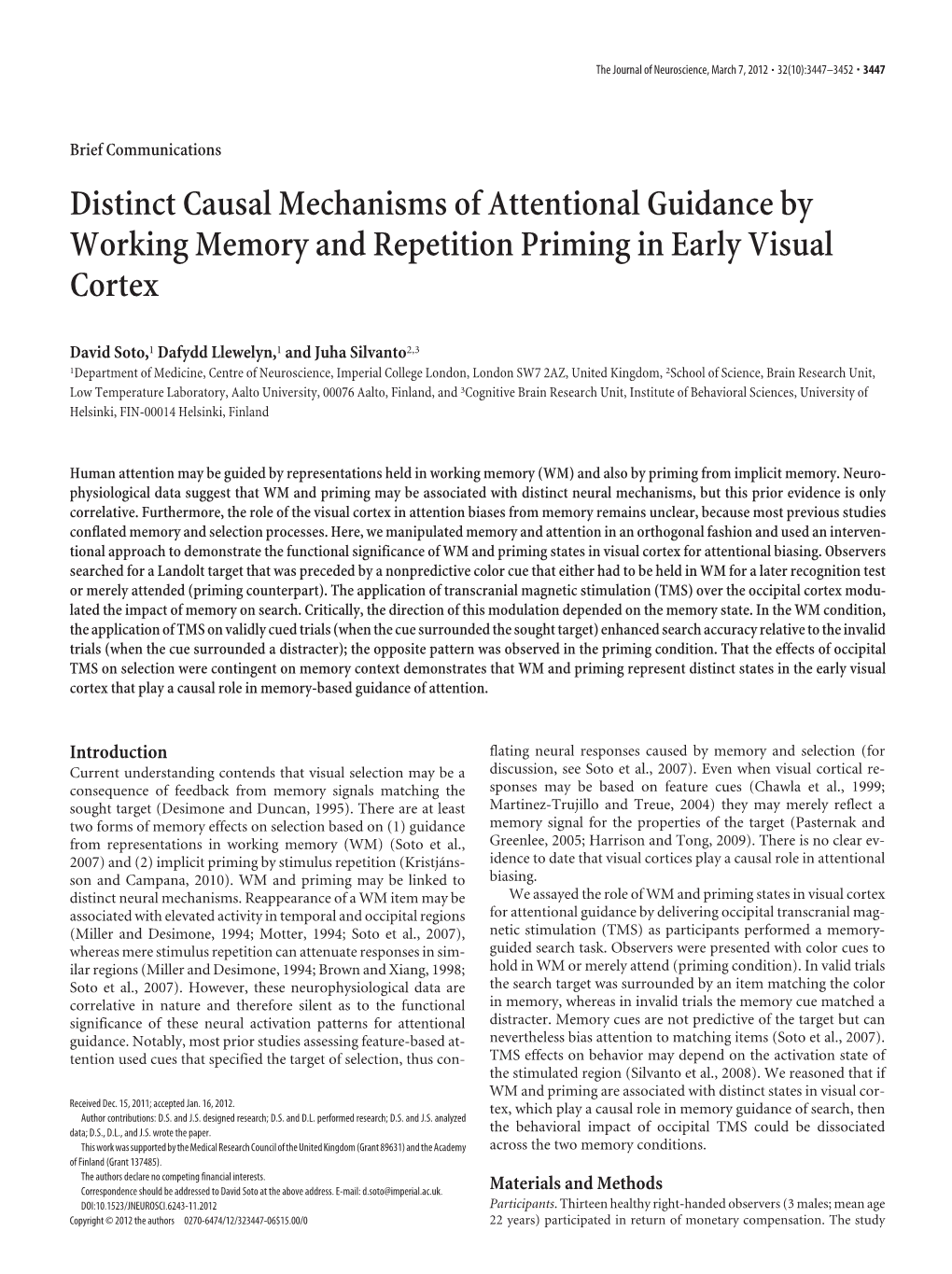 Distinct Causal Mechanisms of Attentional Guidance by Working Memory and Repetition Priming in Early Visual Cortex