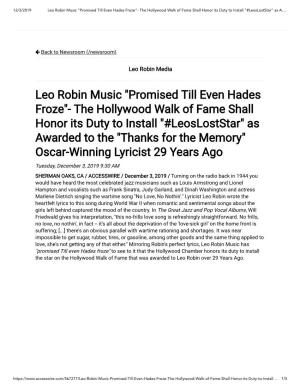 Leo Robin Music "Promised Till Even Hades Froze"- the Hollywood Walk of Fame Shall Honor Its Duty to Install "#Leosloststar" As A…