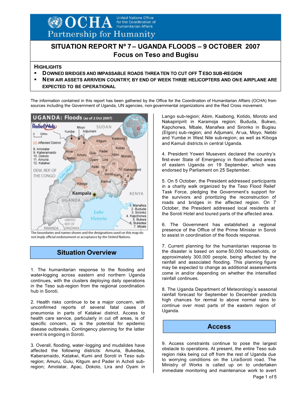 UGANDA FLOODS – 9 OCTOBER 2007 Focus on Teso and Bugisu