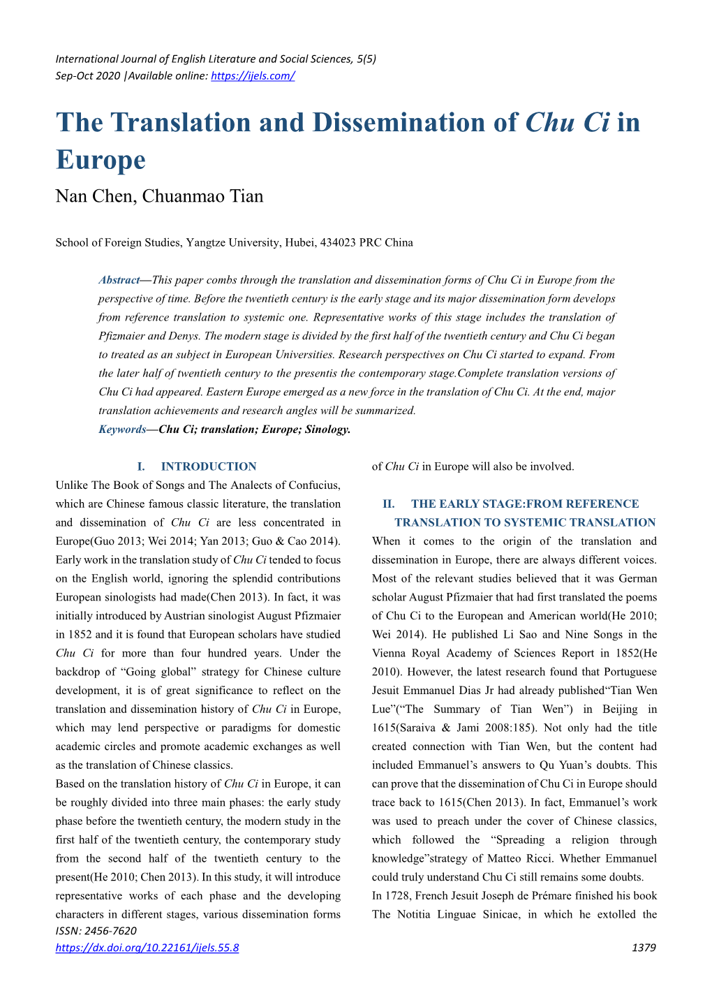 The Translation and Dissemination of Chu Ci in Europe Nan Chen, Chuanmao Tian