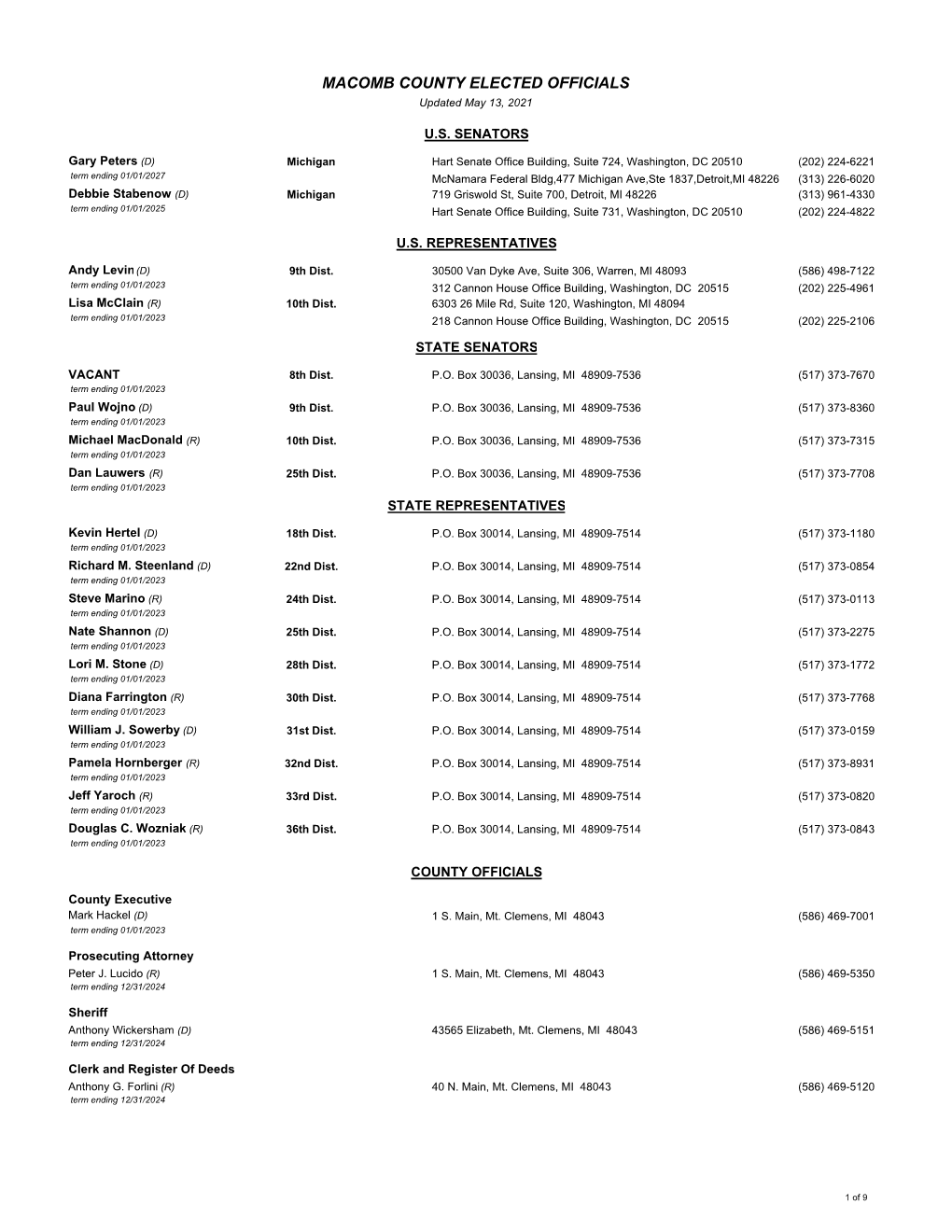 ELECTED OFFICIALS Updated May 13, 2021