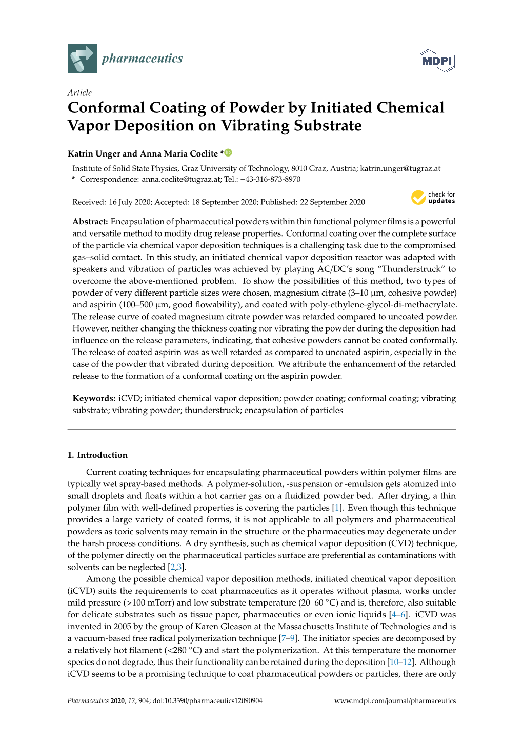 Conformal Coating of Powder by Initiated Chemical Vapor Deposition on Vibrating Substrate