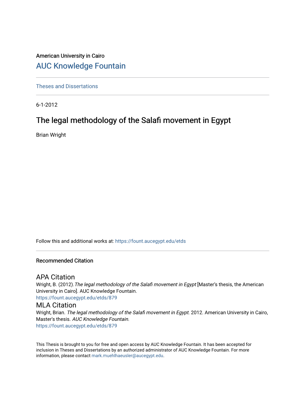 The Legal Methodology of the Salafi Movement in Egypt