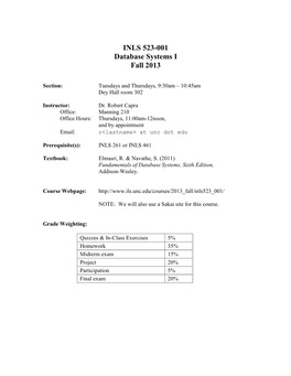 INLS 523-001 Database Systems I Fall 2013