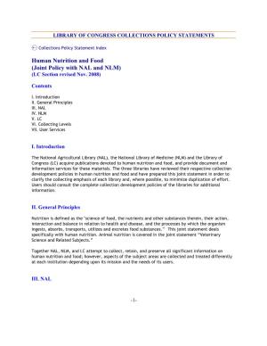 Human Nutrition and Food (Joint Policy with NAL and NLM) (LC Section Revised Nov