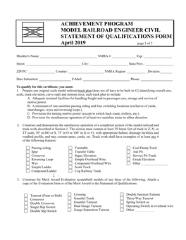 ACHIEVEMENT PROGRAM MODEL RAILROAD ENGINEER CIVIL STATEMENT of QUALIFICATIONS FORM April 2019 Page 1 of 2