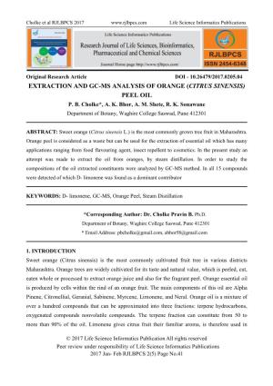 Extraction and Gc-Ms Analysis of Orange (Citrus Sinensis) Peel Oil P