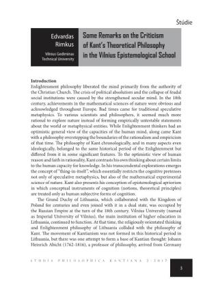 Some Remarks on the Criticism of Kant's Theoretical Philosophy in the Vilnius Epistemological School