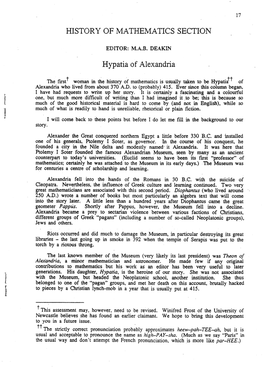 HISTORY of MATHEMATICS SECTION Hypatia of Alexandria