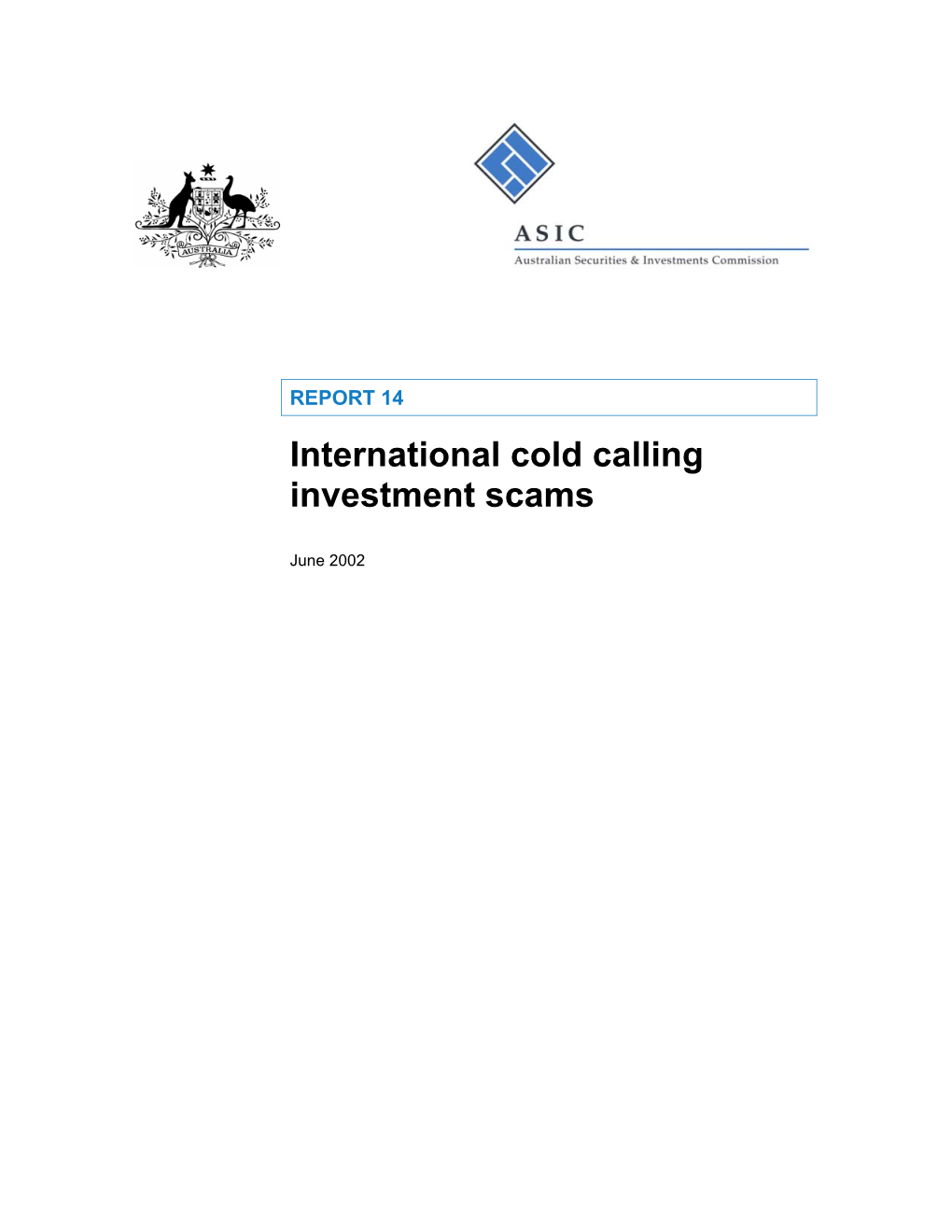 International Cold Calling Investment Scams Report by ASIC