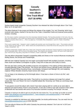 Cassady Southern's New Album 'One Track Mind' out 30 APRIL