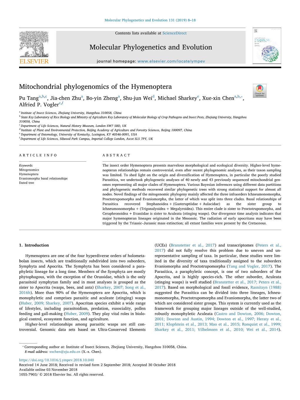 Mitochondrial Phylogenomics of the Hymenoptera T ⁎ Pu Tanga,B,C, Jia-Chen Zhua, Bo-Yin Zhenga, Shu-Jun Weid, Michael Sharkeye, Xue-Xin Chena,B, , Alfried P