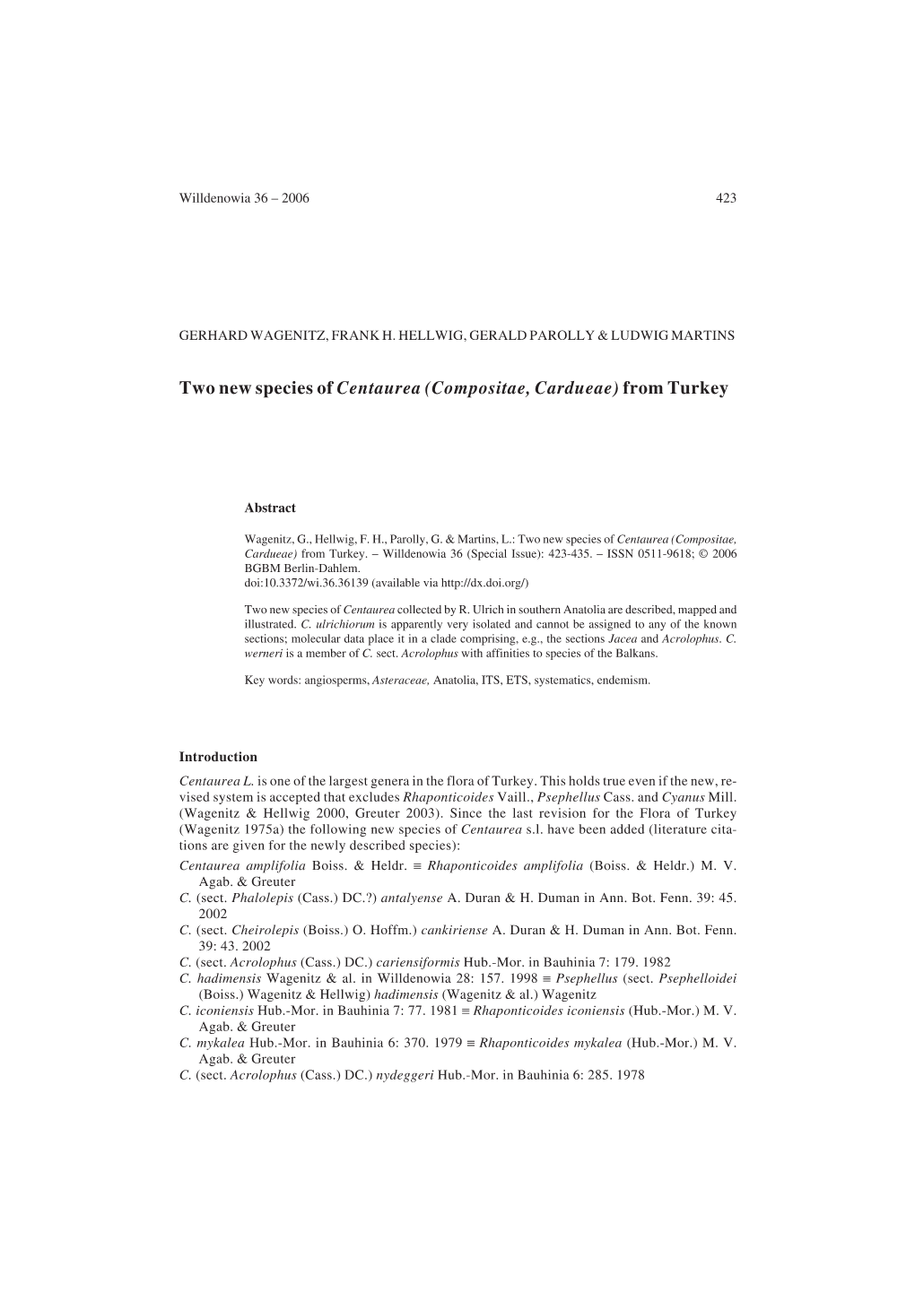 Two New Species of Centaurea (Compositae, Cardueae) from Turkey