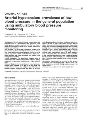 Arterial Hypotension: Prevalence of Low Blood Pressure in the General Population Using Ambulatory Blood Pressure Monitoring