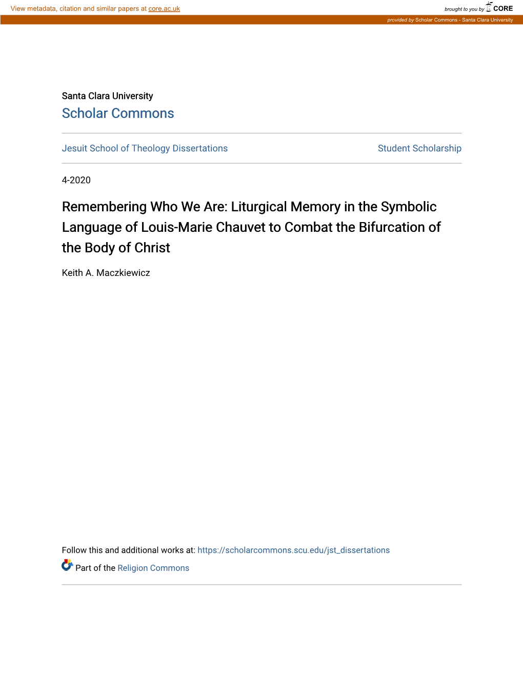 Liturgical Memory in the Symbolic Language of Louis-Marie Chauvet to Combat the Bifurcation of the Body of Christ