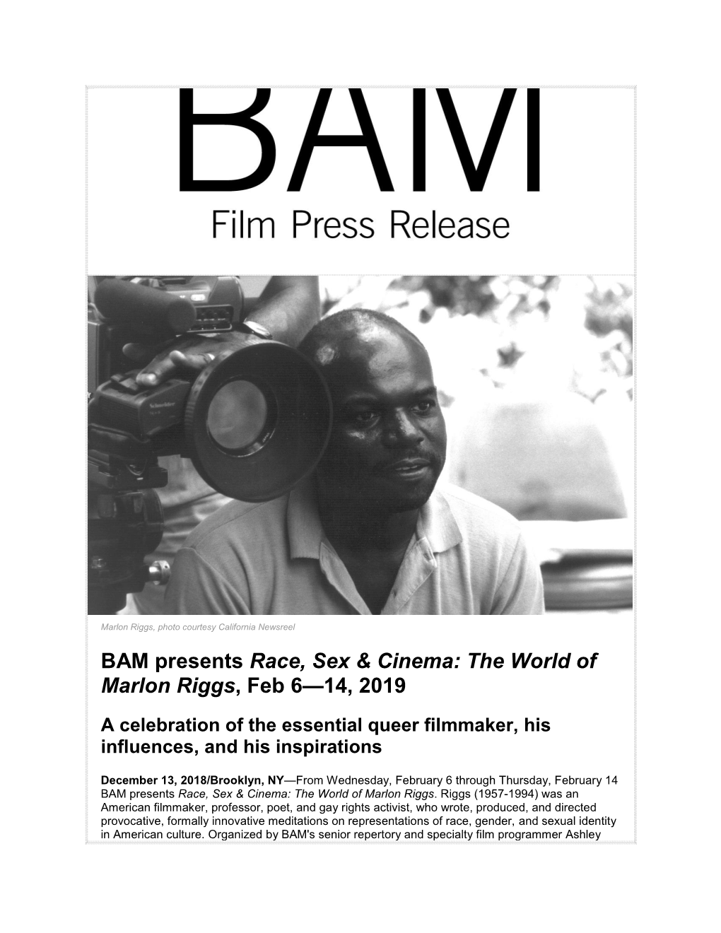 BAM Presents Race, Sex & Cinema: the World of Marlon Riggs, Feb 6