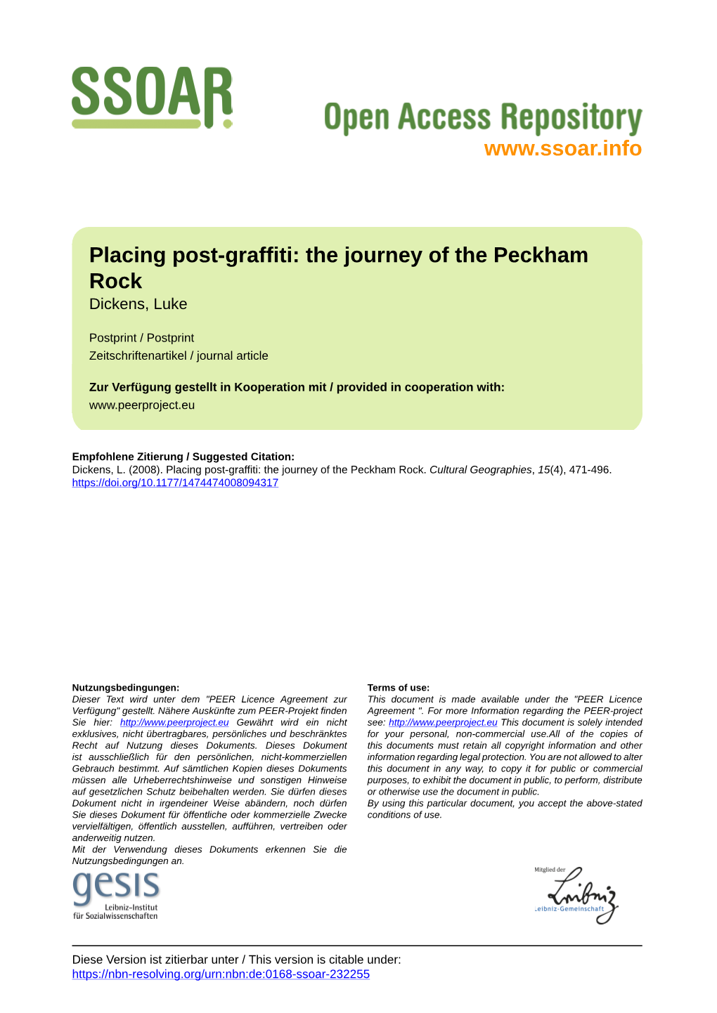 Placing Post-Graffiti: the Journey of the Peckham Rock Dickens, Luke