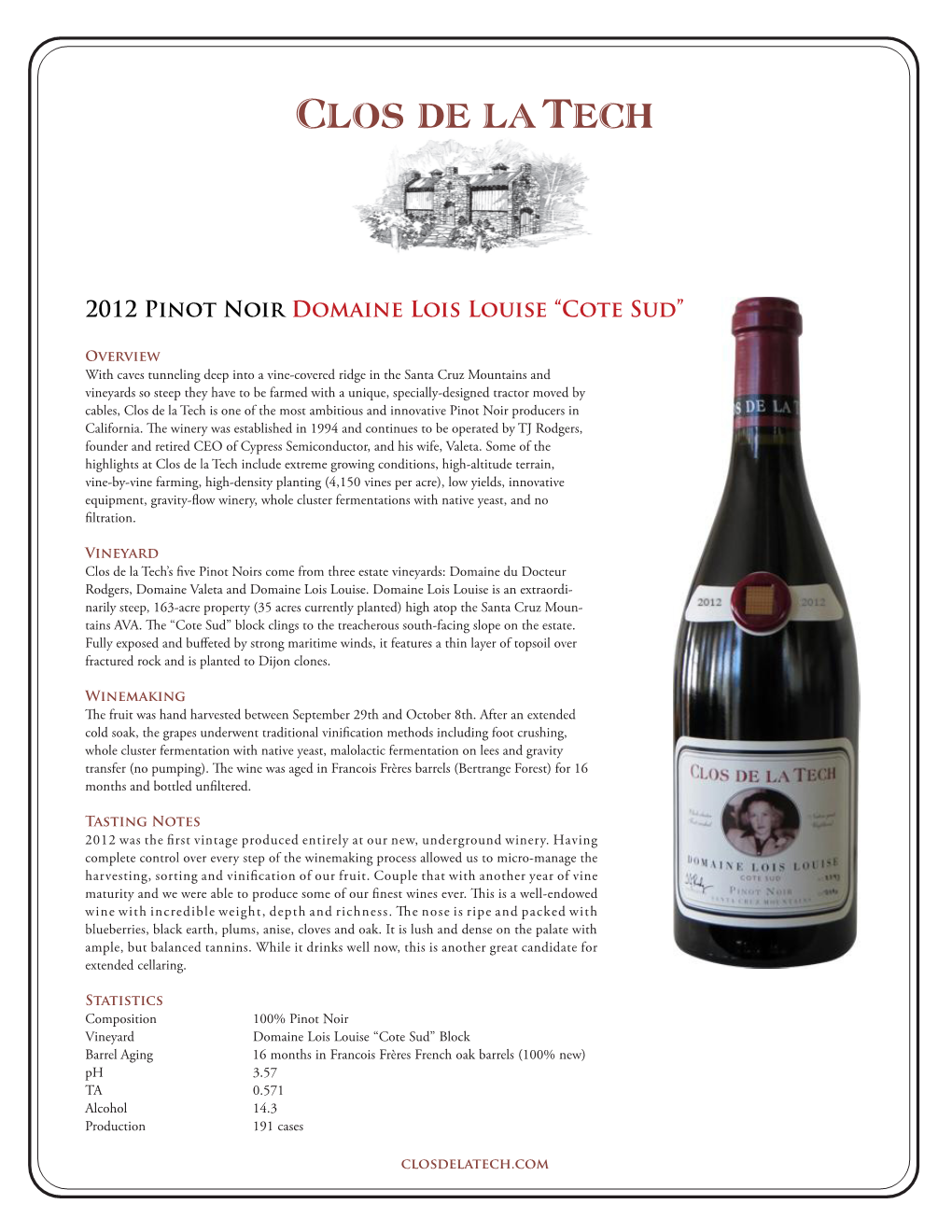 2012 Pinot Noir Domaine Lois Louise Cote