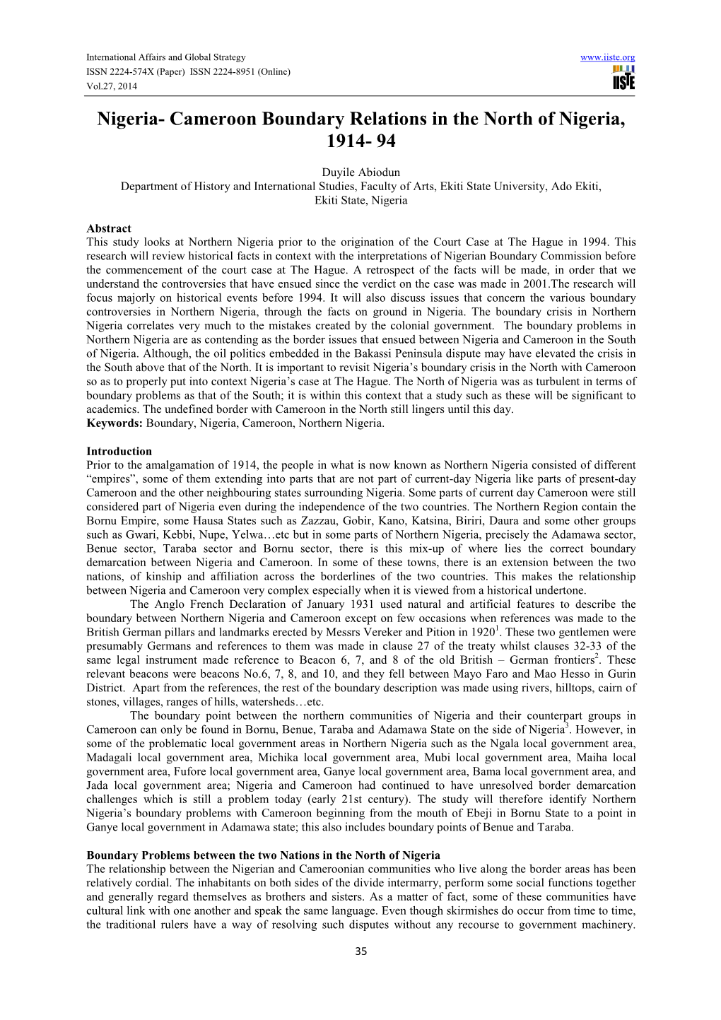 Nigeria- Cameroon Boundary Relations in the North of Nigeria, 1914- 94