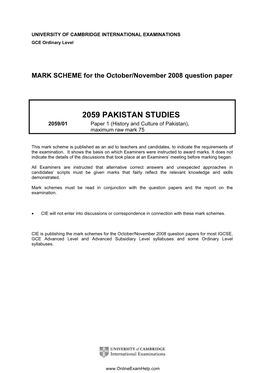 2059 PAKISTAN STUDIES 2059/01 Paper 1 (History and Culture of Pakistan), Maximum Raw Mark 75