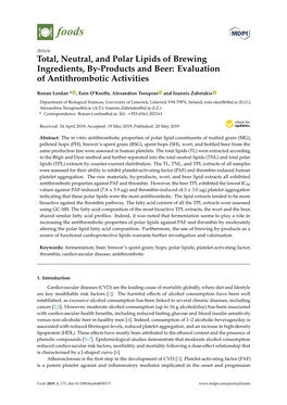 Total, Neutral, and Polar Lipids of Brewing Ingredients, By-Products and Beer: Evaluation of Antithrombotic Activities