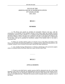 RULES of the ARIZONA HOUSE of REPRESENTATIVES 55Th LEGISLATURE 2021-2022