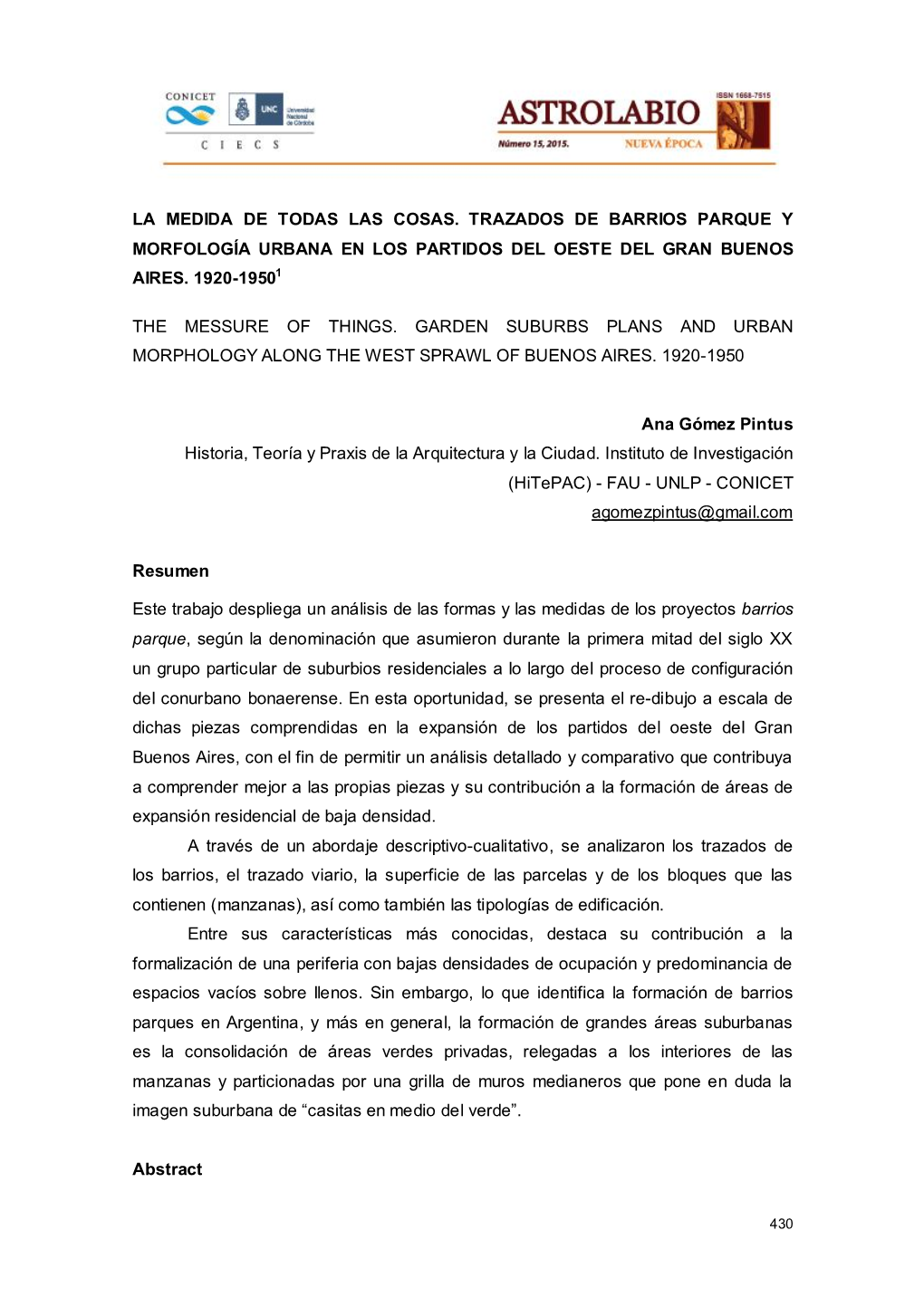 La Medida De Todas Las Cosas. Trazados De Barrios Parque Y Morfología Urbana En Los Partidos Del Oeste Del Gran Buenos Aires. 1920-19501