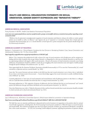 Health and Medical Organization Statements on Sexual Orientation, Gender Identity/Expression and “Reparative Therapy”