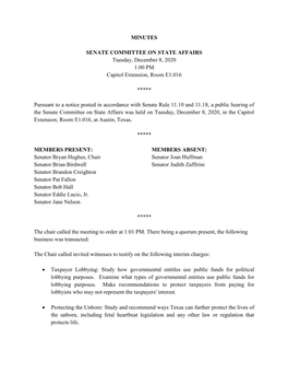 MINUTES SENATE COMMITTEE on STATE AFFAIRS Tuesday