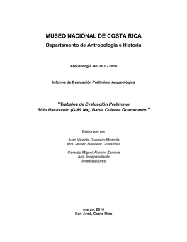 MUSEO NACIONAL DE COSTA RICA Departamento De Antropología E Historia