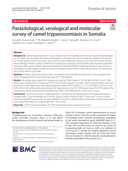 Parasitological, Serological and Molecular Survey of Camel Trypanosomiasis in Somalia Ahmed A