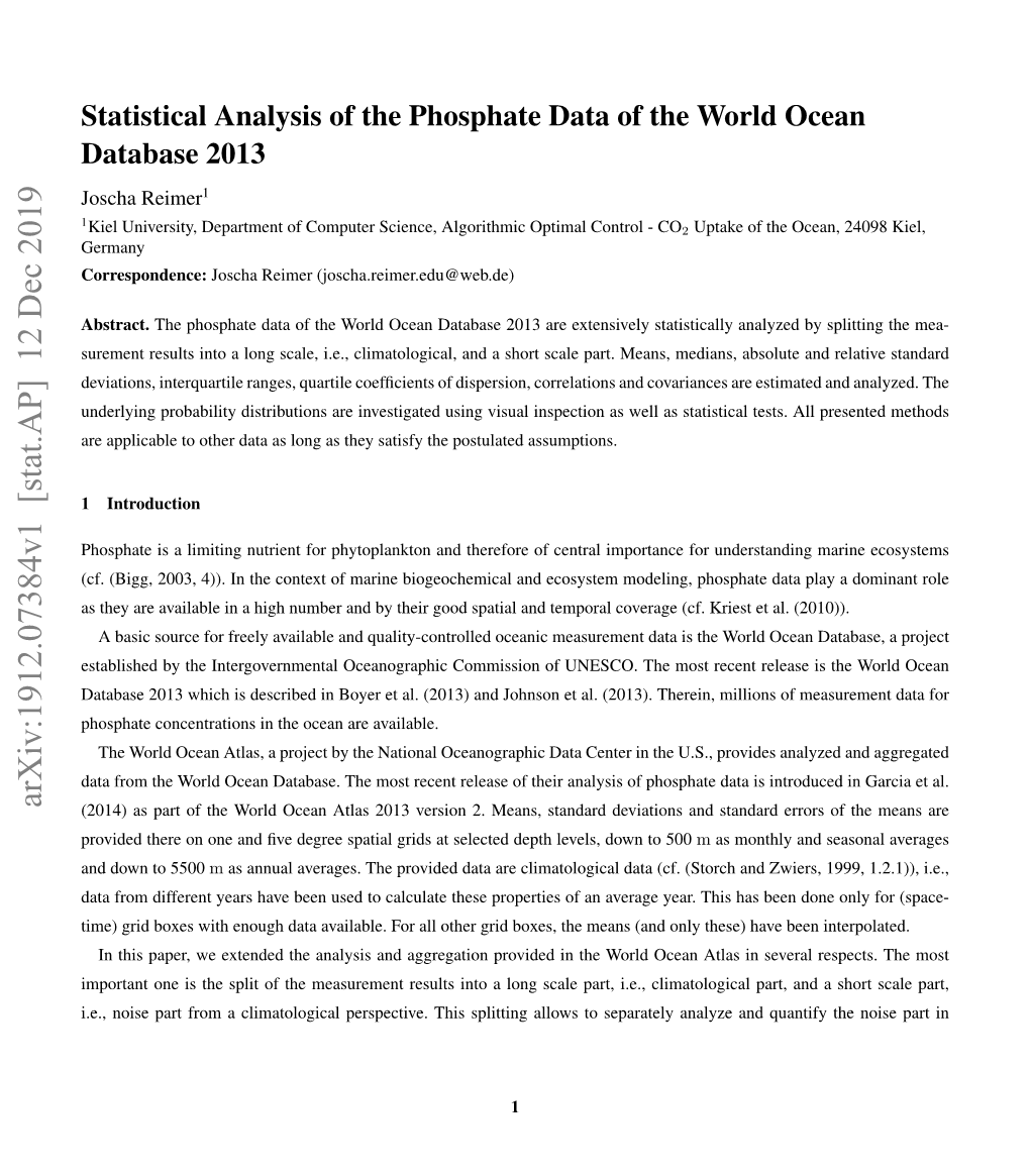 Statistical Analysis of the Phosphate Data of the World Ocean Database