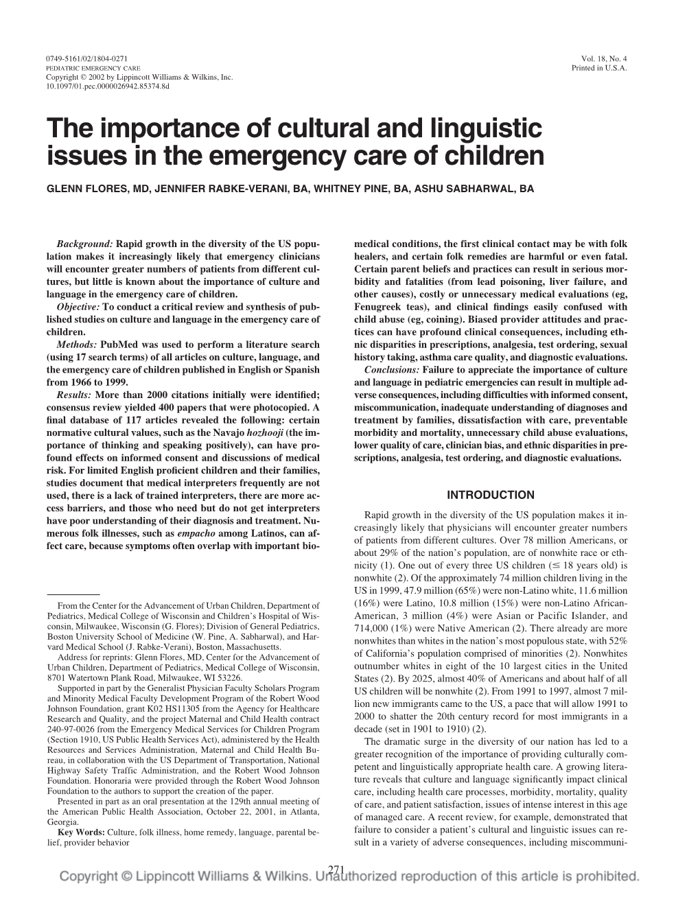The Importance of Cultural and Linguistic Issues in the Emergency Care of Children