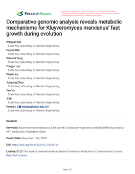 Comparative Genomic Analysis Reveals Metabolic Mechanisms for Kluyveromyces Marxianus’ Fast Growth During Evolution