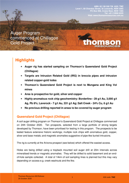 Auger Program Commenced at Chillagoe Gold Project